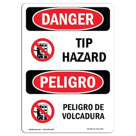 OSHA Danger Sign, Tip Hazard W/ Symbol Bilingual, 14in X 10in Aluminum